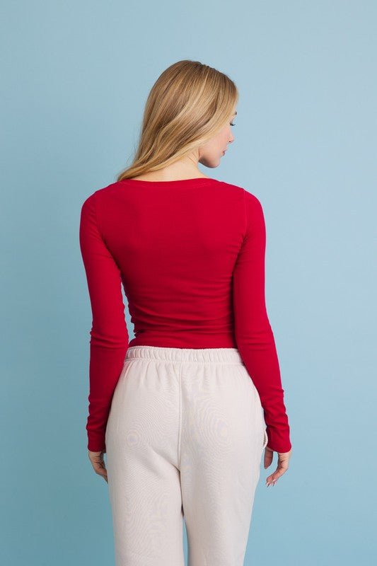 Cotton Long Sleeve Ribbed Henley Top with Buttons - Robbi & Angel