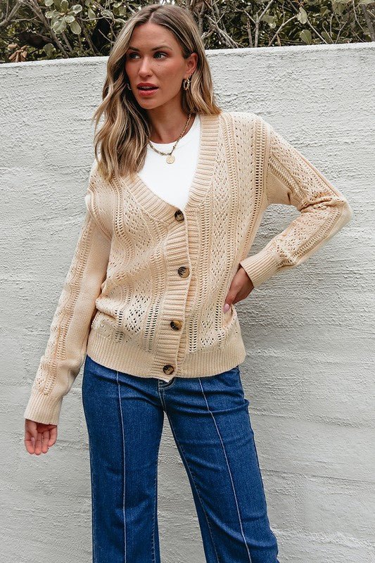 Women Open Knit Drop Shoulder Sweater Cardigan - Robbi & Angel