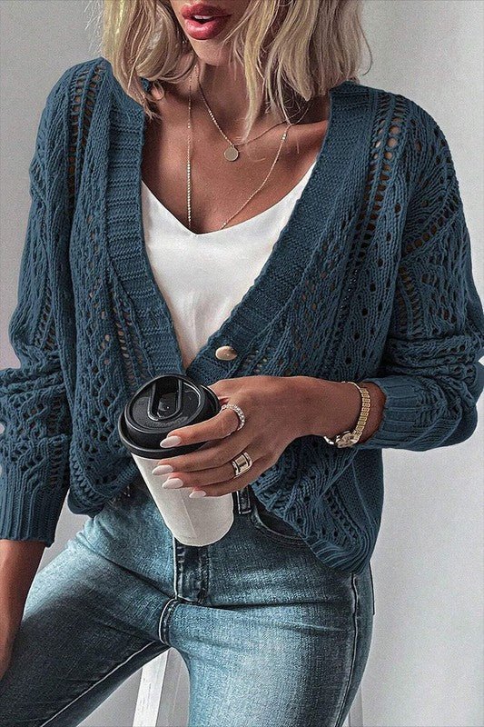 Women Open Knit Drop Shoulder Sweater Cardigan - Robbi & Angel