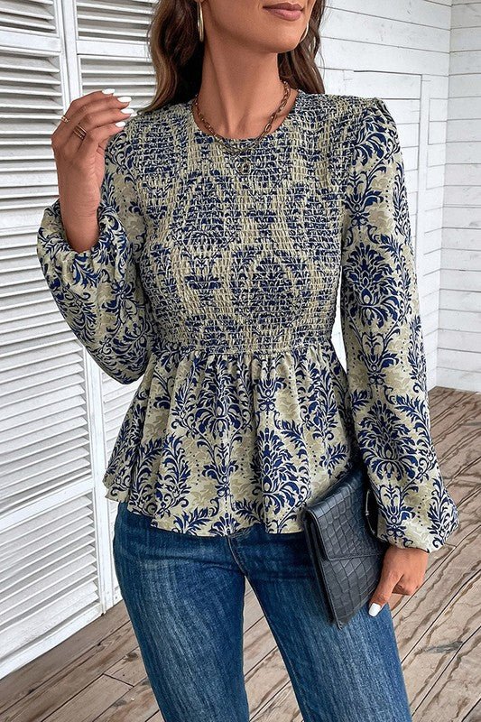 Boho Printed Balloon Sleeve Smocked Peplum Blouse - Robbi & Angel