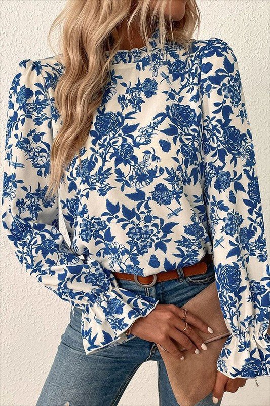 Women Floral Print Flounce Sleeve Keyhole Blouse - Robbi & Angel
