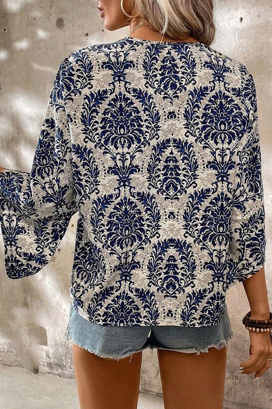 Women Flower Tree Quarter Sleeve V Neck Blouse - Robbi & Angel
