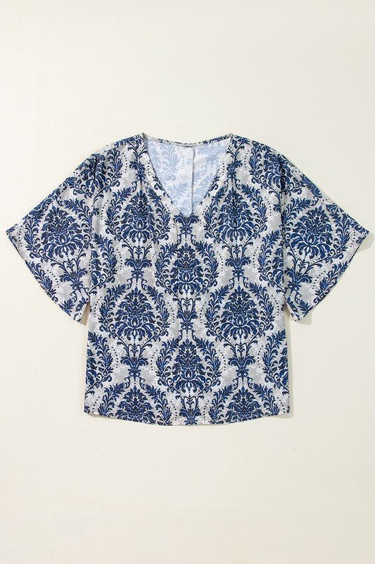Women Flower Tree Quarter Sleeve V Neck Blouse - Robbi & Angel