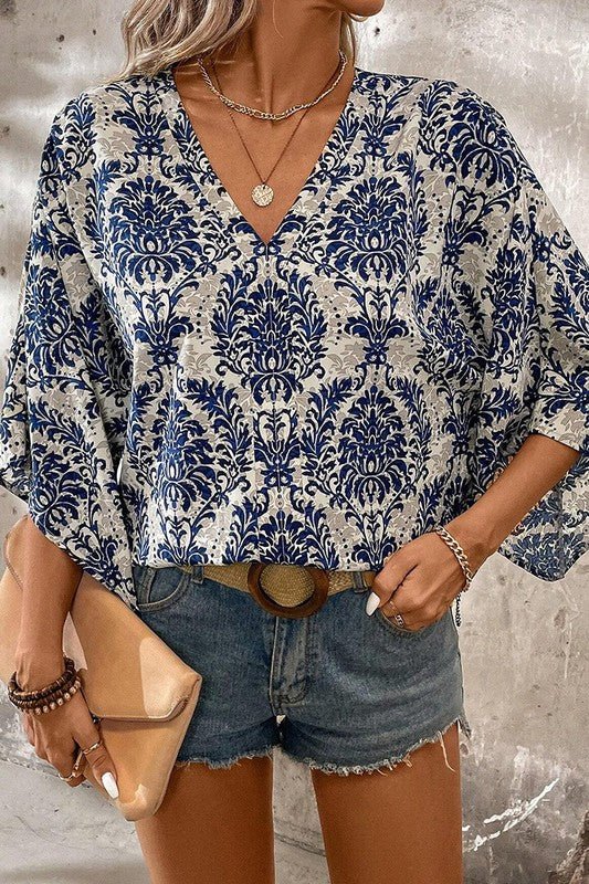 Women Flower Tree Quarter Sleeve V Neck Blouse - Robbi & Angel
