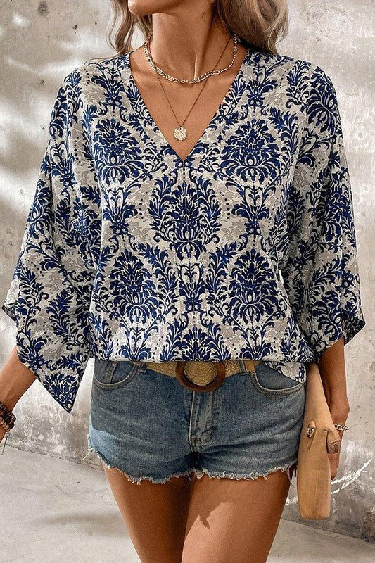 Women Flower Tree Quarter Sleeve V Neck Blouse - Robbi & Angel