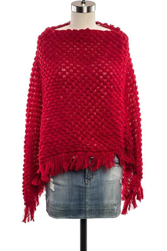 Raised Knit Fringe Poncho - Robbi & Angel