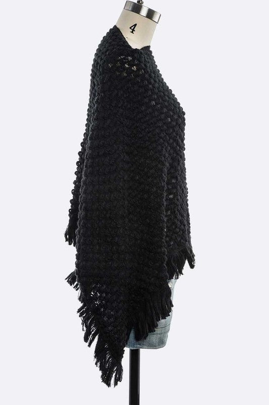 Raised Popcorn Knit Fringe Poncho