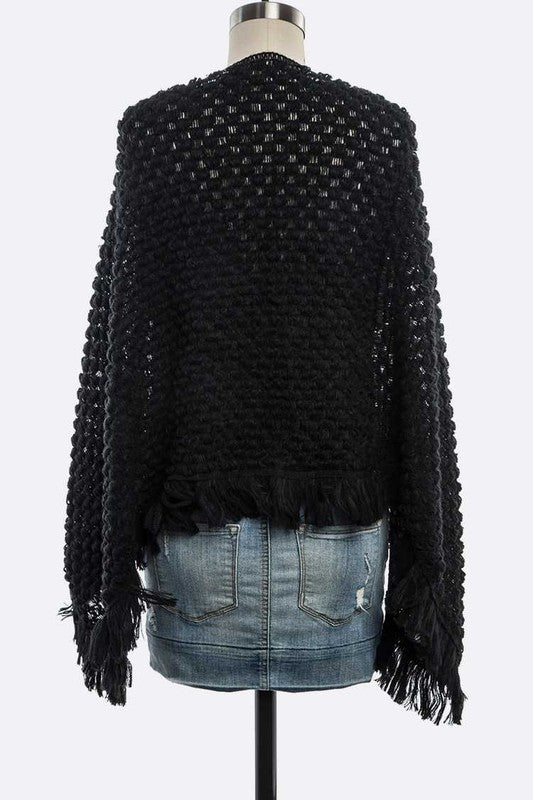 Raised Popcorn Knit Fringe Poncho