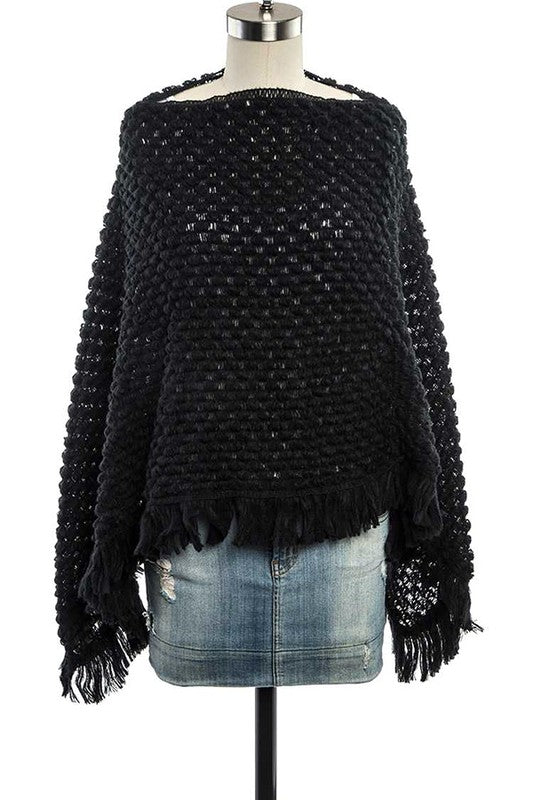 Raised Popcorn Knit Fringe Poncho