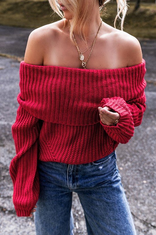 Racing Red Off - the - shoulder Knit Sweater - Robbi & Angel
