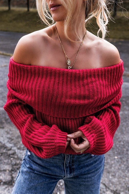 Racing Red Off - the - shoulder Knit Sweater - Robbi & Angel