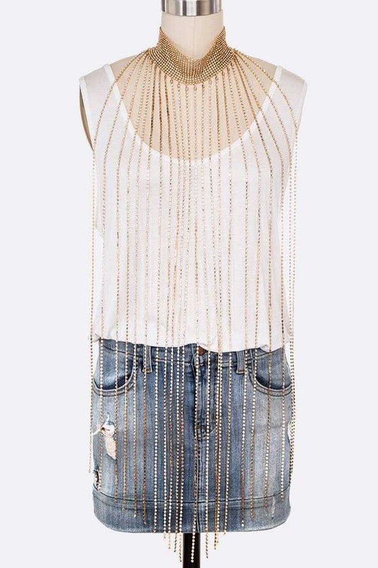 Extra Long Fringe Rhinestone Choker Necklace - Robbi & Angel