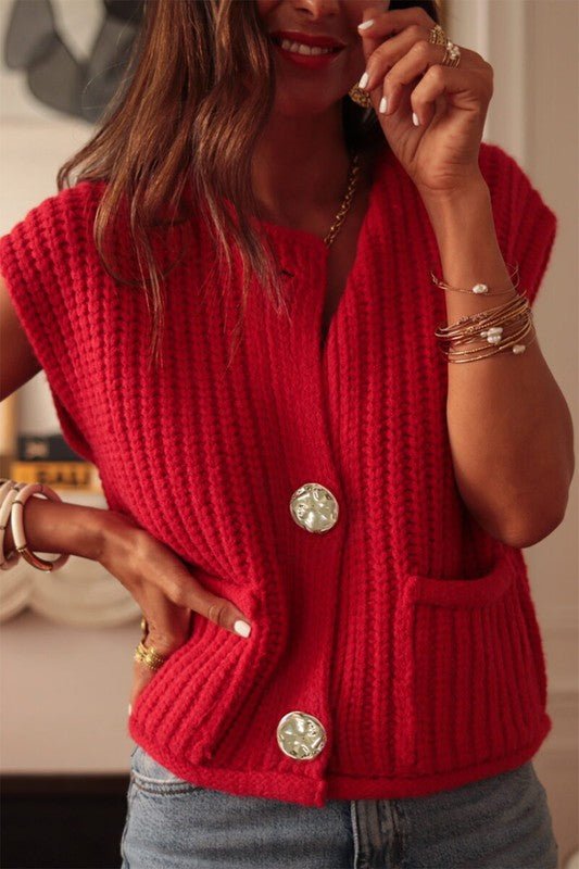Solid Knit Side Pockets Buttoned Sweater Vest - Robbi & Angel
