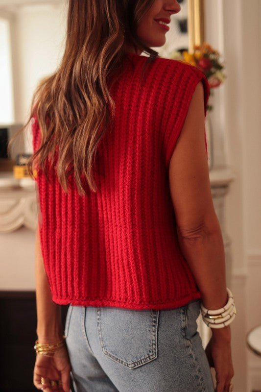 Solid Knit Side Pockets Buttoned Sweater Vest - Robbi & Angel