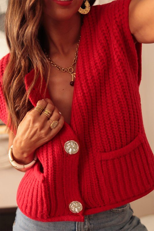 Solid Knit Side Pockets Buttoned Sweater Vest - Robbi & Angel