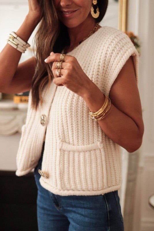 Solid Knit Side Pockets Buttoned Sweater Vest - Robbi & Angel