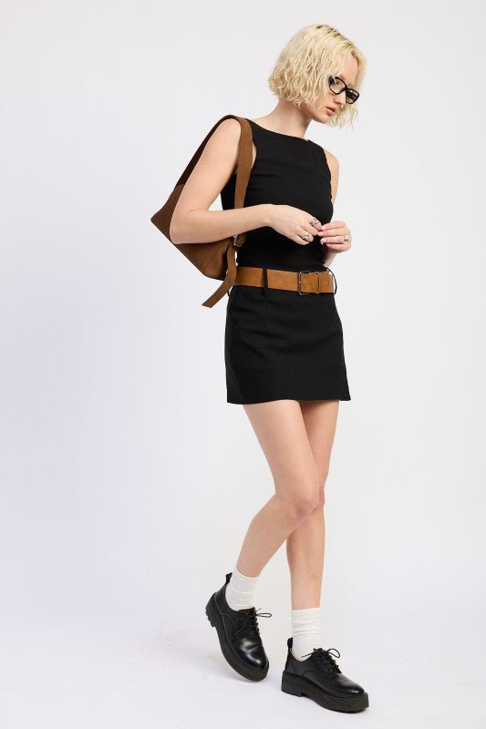 BOAT NECK MINI TANK DRESS WITH CHUNKY BELT - Robbi & Angel