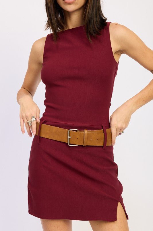 BOAT NECK MINI TANK DRESS WITH CHUNKY BELT - Robbi & Angel