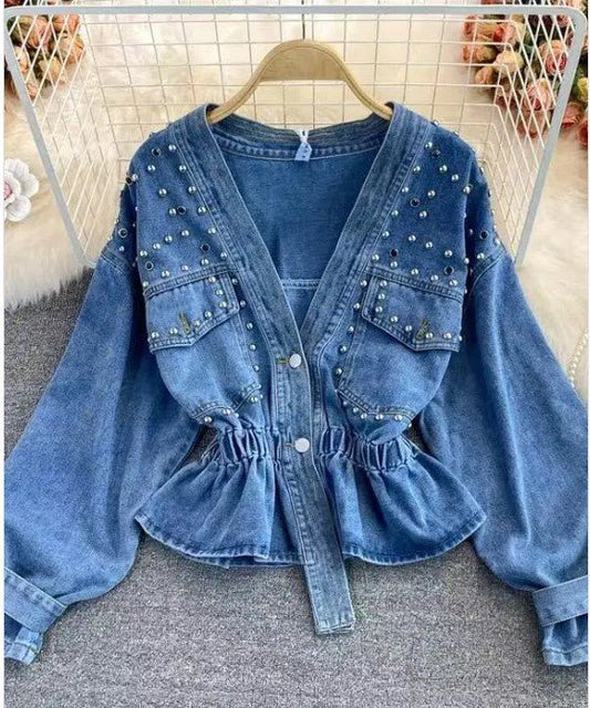 Studded detail v neck denim jacket - Robbi & Angel