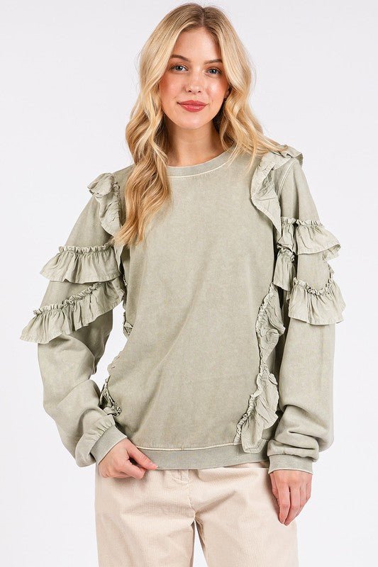 Mittoshop Ruffled Mineral Washed Round Neck Long Sleeve Sweatshirt - Robbi & Angel