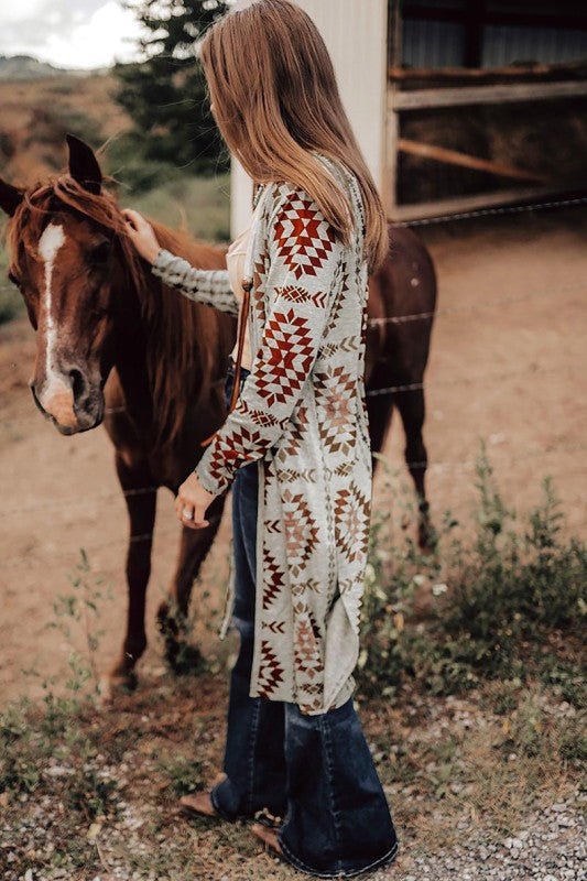 Western Aztec Printed Open Front Long Cardigan - Robbi & Angel