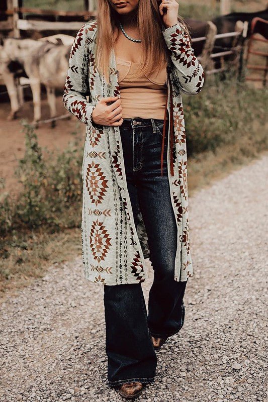 Western Aztec Printed Open Front Long Cardigan - Robbi & Angel