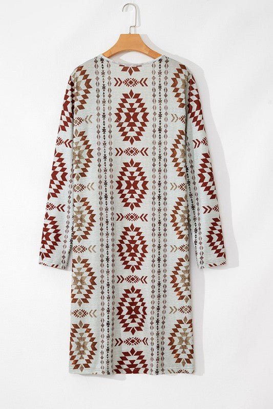 Western Aztec Printed Open Front Long Cardigan - Robbi & Angel