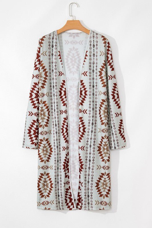 Western Aztec Printed Open Front Long Cardigan - Robbi & Angel