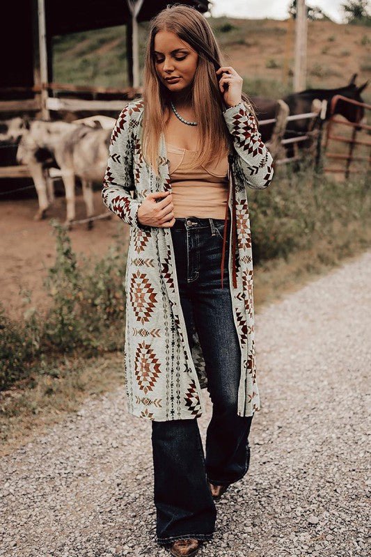 Western Aztec Printed Open Front Long Cardigan - Robbi & Angel