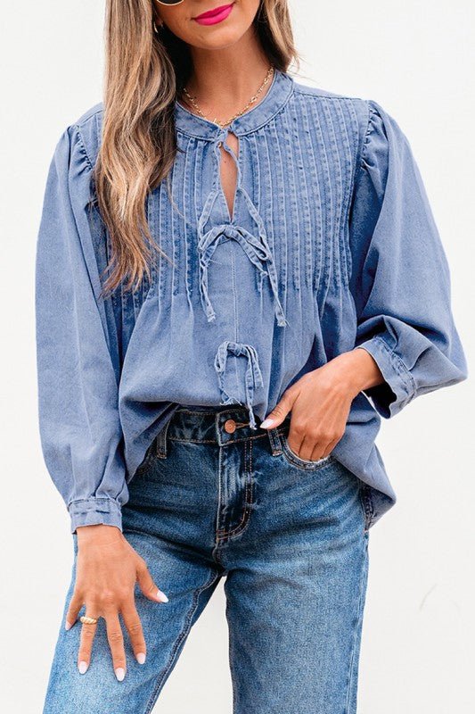 Denim Front Pintuck Bow Tie Puff Sleeve Top - Robbi & Angel