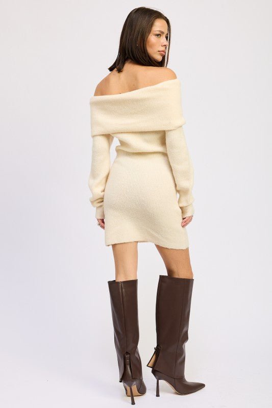 LONG SLEEVE OFF SHOULDER MINI KNIT DRESS - Robbi & Angel