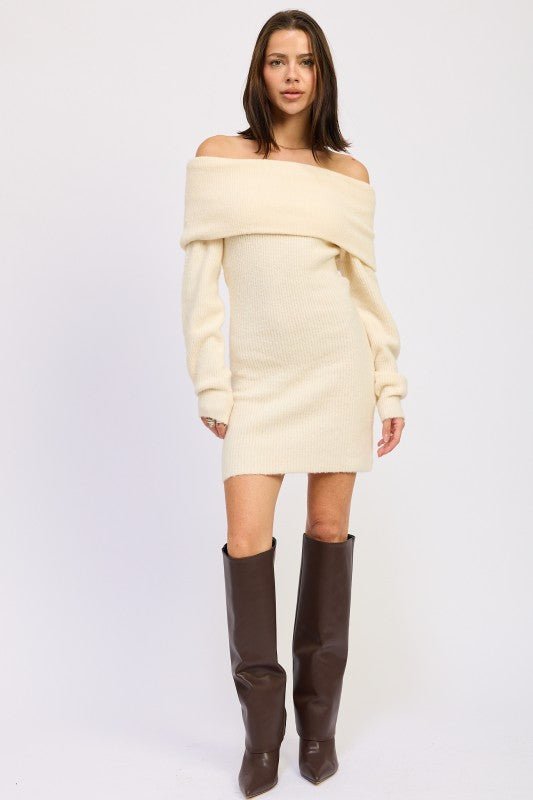 LONG SLEEVE OFF SHOULDER MINI KNIT DRESS - Robbi & Angel