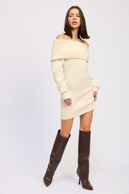 LONG SLEEVE OFF SHOULDER MINI KNIT DRESS - Robbi & Angel