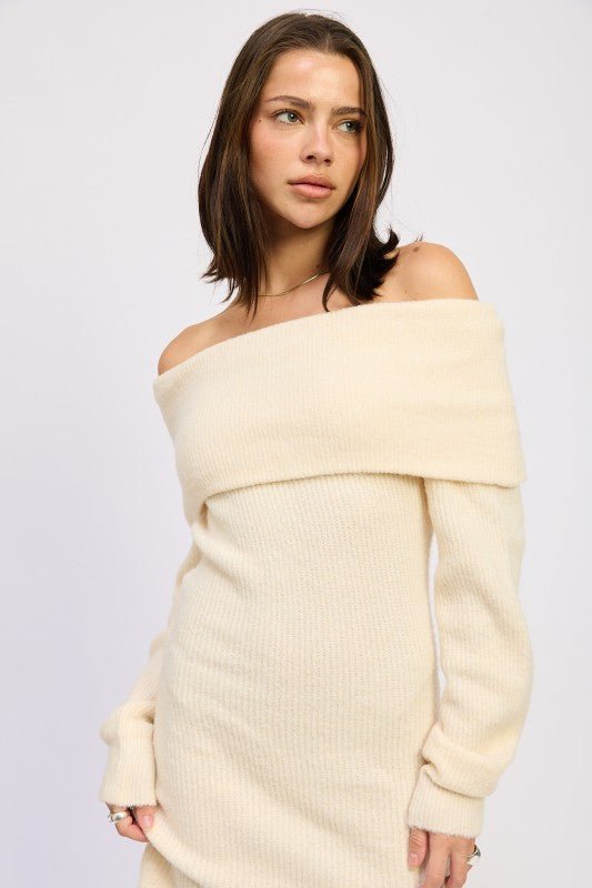 LONG SLEEVE OFF SHOULDER MINI KNIT DRESS - Robbi & Angel