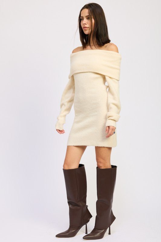 LONG SLEEVE OFF SHOULDER MINI KNIT DRESS - Robbi & Angel