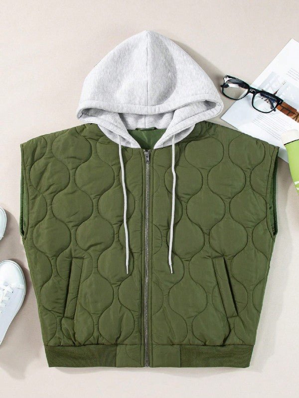 Oversized Drawstring Hooded Zip Up Puffer Vest - Robbi & Angel