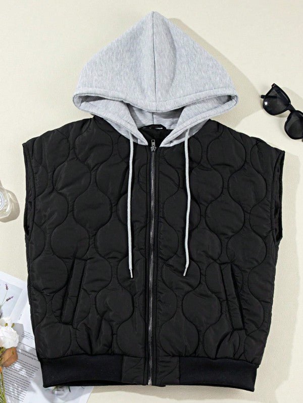 Oversized Drawstring Hooded Zip Up Puffer Vest - Robbi & Angel