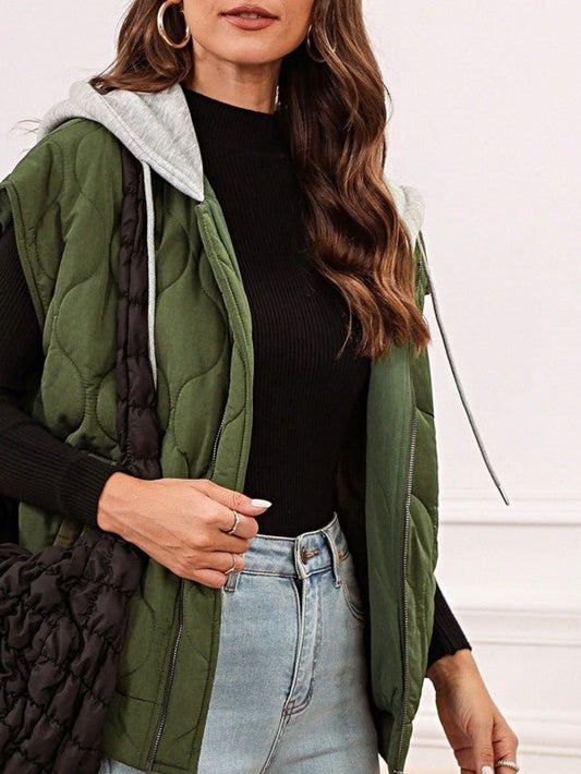 Oversized Drawstring Hooded Zip Up Puffer Vest - Robbi & Angel