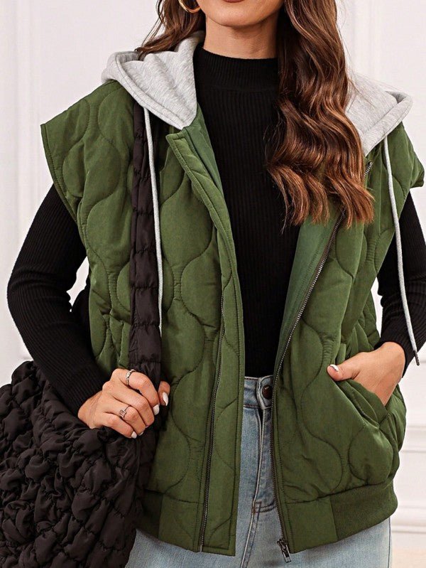 Oversized Drawstring Hooded Zip Up Puffer Vest - Robbi & Angel