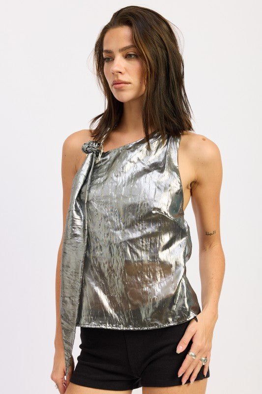 METALLIC ONE SHOULDER TOP WITH SCARF DETAIL - Robbi & Angel