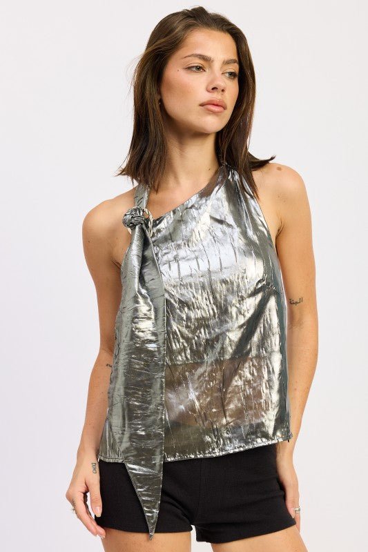 METALLIC ONE SHOULDER TOP WITH SCARF DETAIL - Robbi & Angel