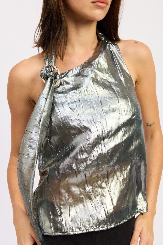 METALLIC ONE SHOULDER TOP WITH SCARF DETAIL - Robbi & Angel