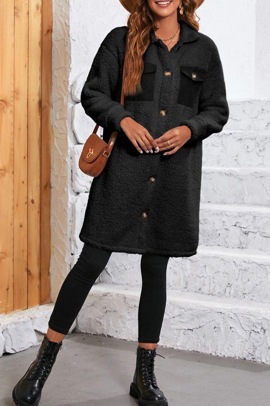 Contrast Flap Pocket Single Breasted Teddy Coat - Robbi & Angel