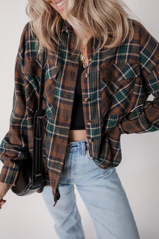 Plaid Print Chest Pockets Buttoned Shirt Jacket - Robbi & Angel