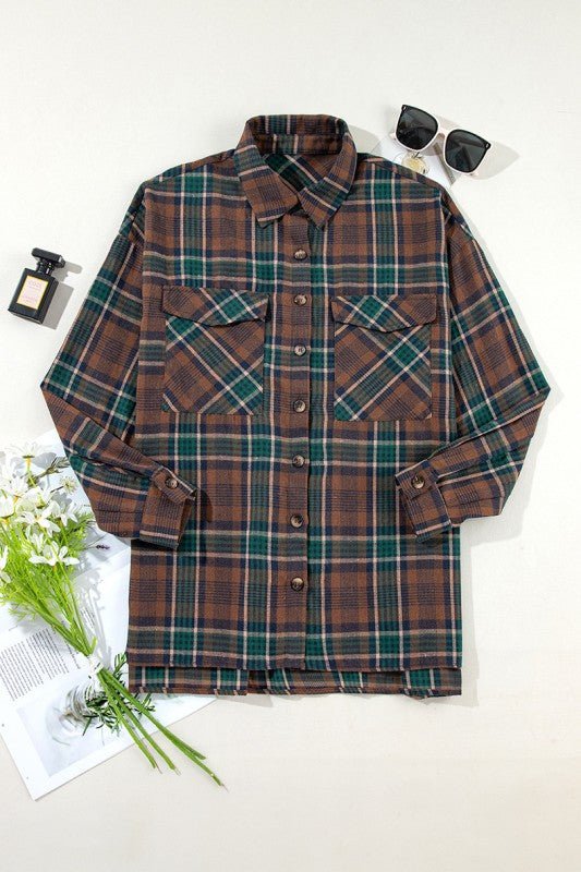 Plaid Print Chest Pockets Buttoned Shirt Jacket - Robbi & Angel