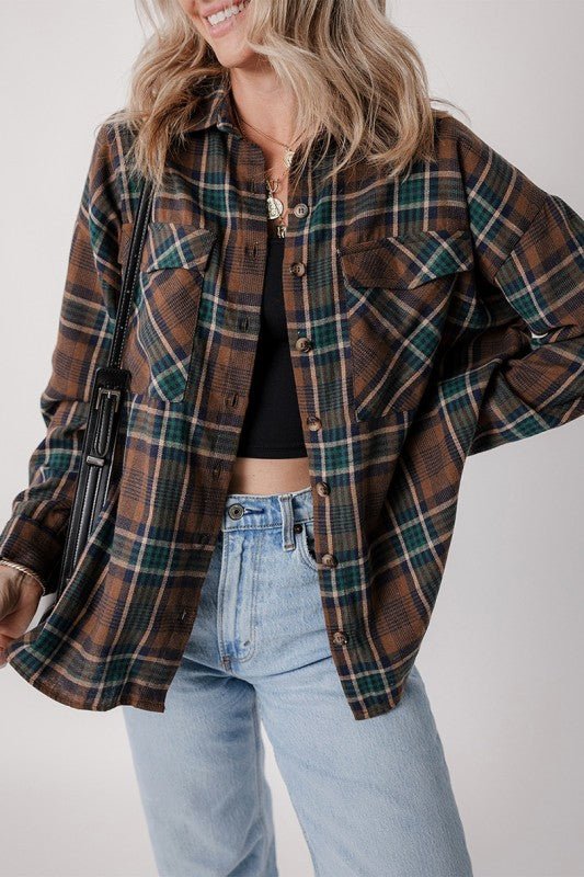 Plaid Print Chest Pockets Buttoned Shirt Jacket - Robbi & Angel