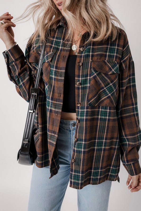 Plaid Print Chest Pockets Buttoned Shirt Jacket - Robbi & Angel