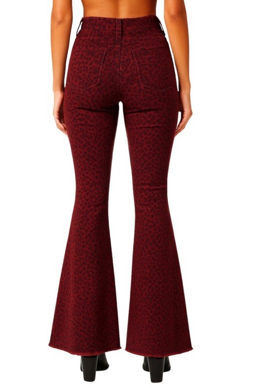 Burgundy Leopard Bell Bottom Jean with Raw Hem - Robbi & Angel