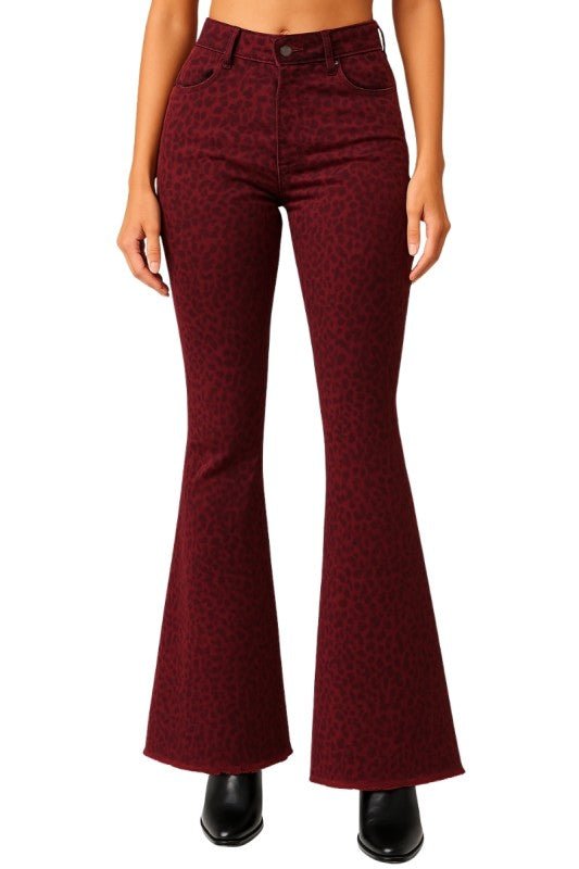 Burgundy Leopard Bell Bottom Jean with Raw Hem - Robbi & Angel