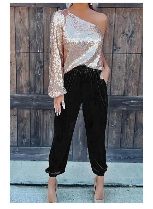 Black Solid Velvet Jogger Pants - Robbi & Angel